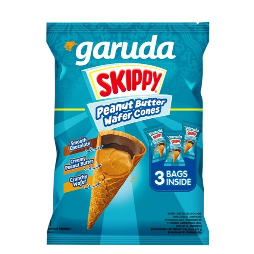 

Snack Garuda Skippy Wafer Cones selai kacang 45 g isi 3 pcs