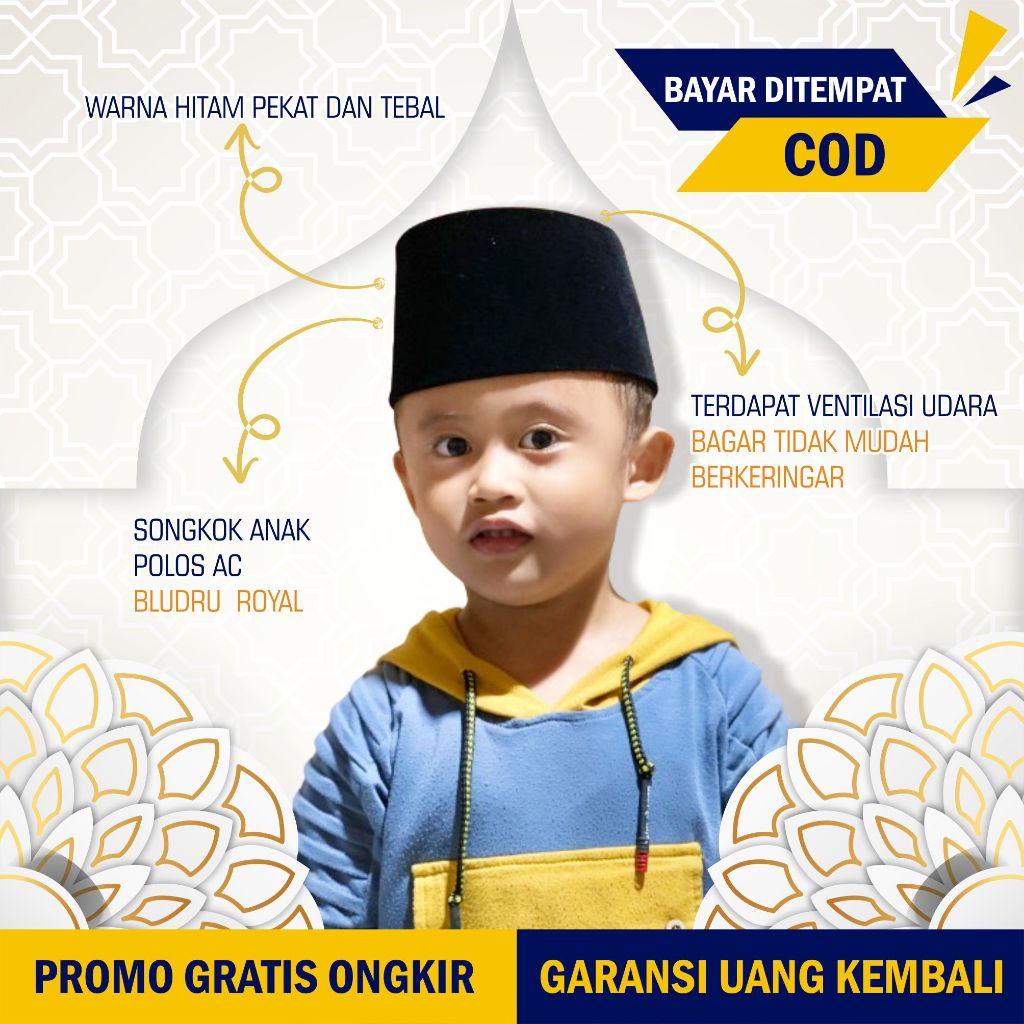 Peci/Songkok Anak Hitam Polos AC Bahan Bludru Premium, BLUDRU HALUS , HITAM PEKAT