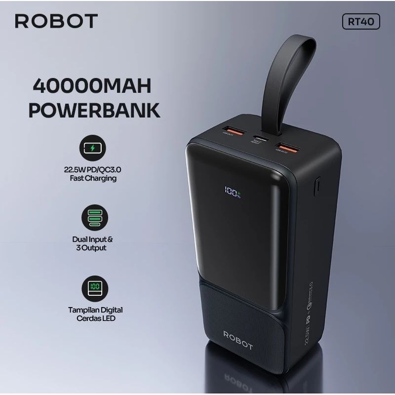 ROBOT RT40 Powerbank 40000 mAh 22.5W 3 Port Fast Charging LED QC PD