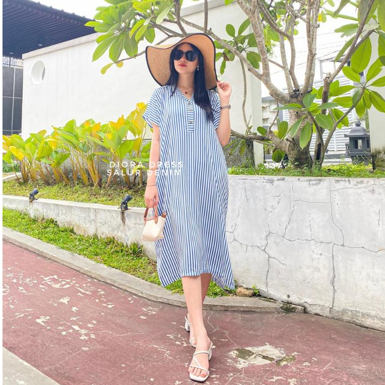 Diora Homedress Daster Lengan Pendek  Salur Rayon Kancing Depan Busui Daily Yayuku