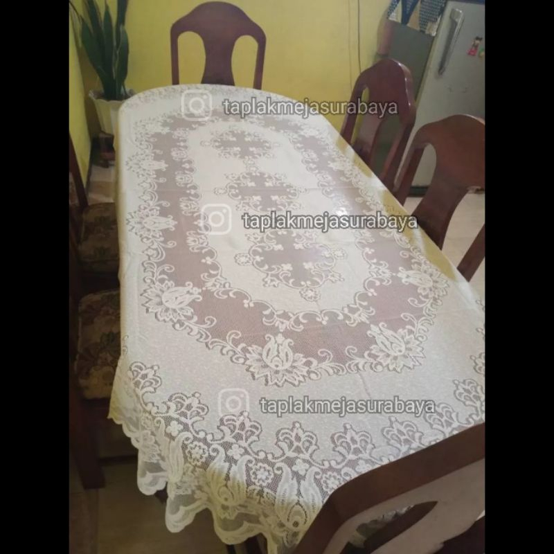 Taplak Meja Makan Oval Bahan Kain Brukat Brokat Warna Putih Polos