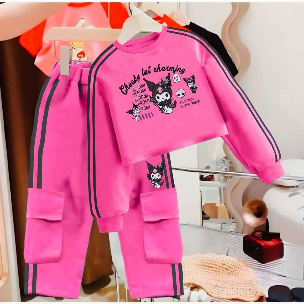 COD SETELAN CROP TOP KUROMI ANAK PEREMPUAN TERBARU/SETELAN CARCO CROP KUROMI 1-10 TAHUN