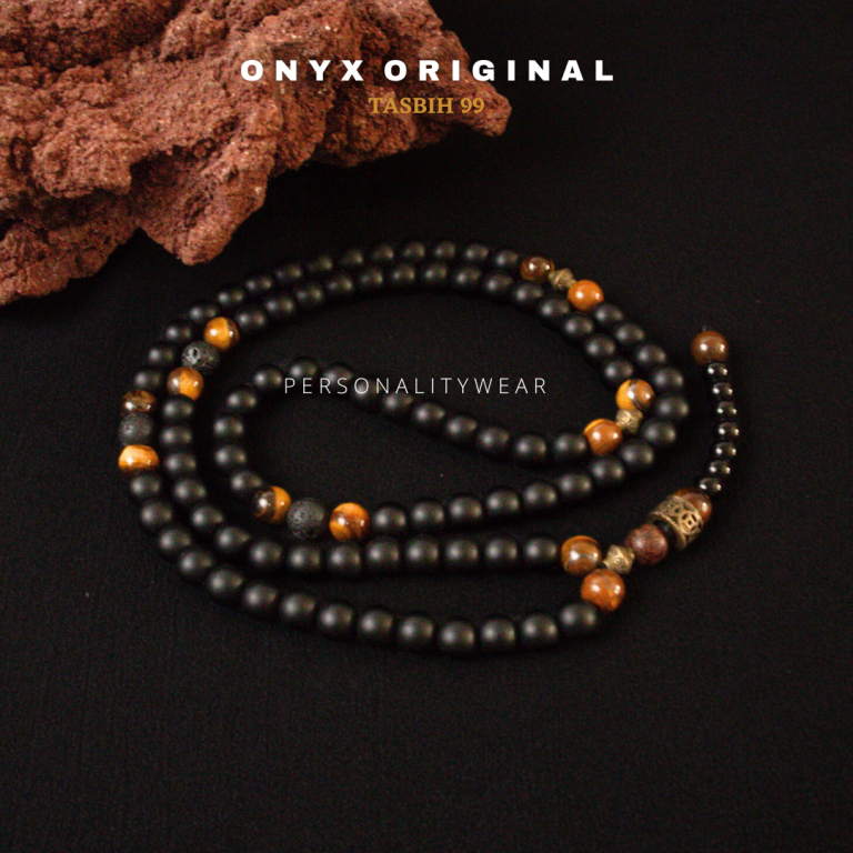 Tasbih 99 Butir Kecil Cantik Premium Batu Alam Hitam Onyx Kombinasi Tiger Eye Kristal Akik Asli