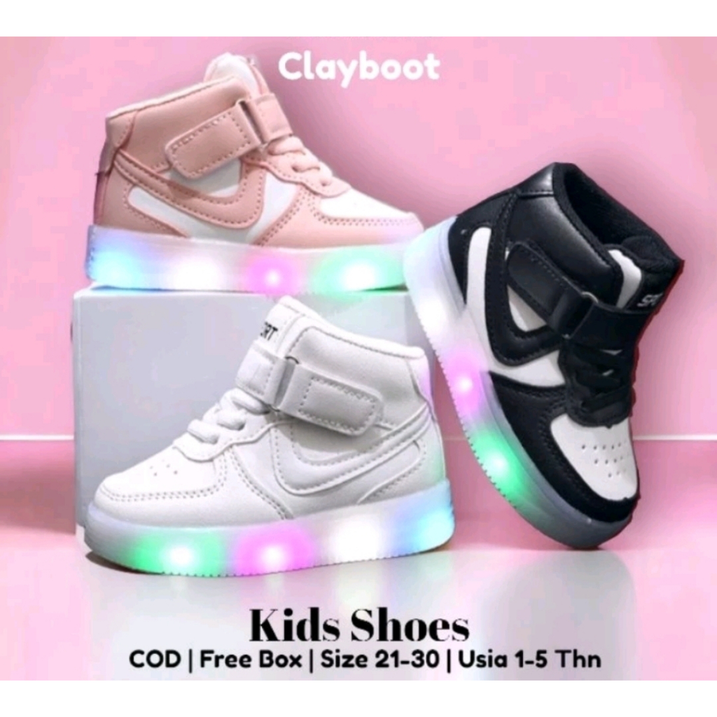 Sepatu Sneakers Boot Sport LED Import Anak Laki-Laki  Perempuan Keren Modis 1-5 Tahun/ Clayboot Shoe