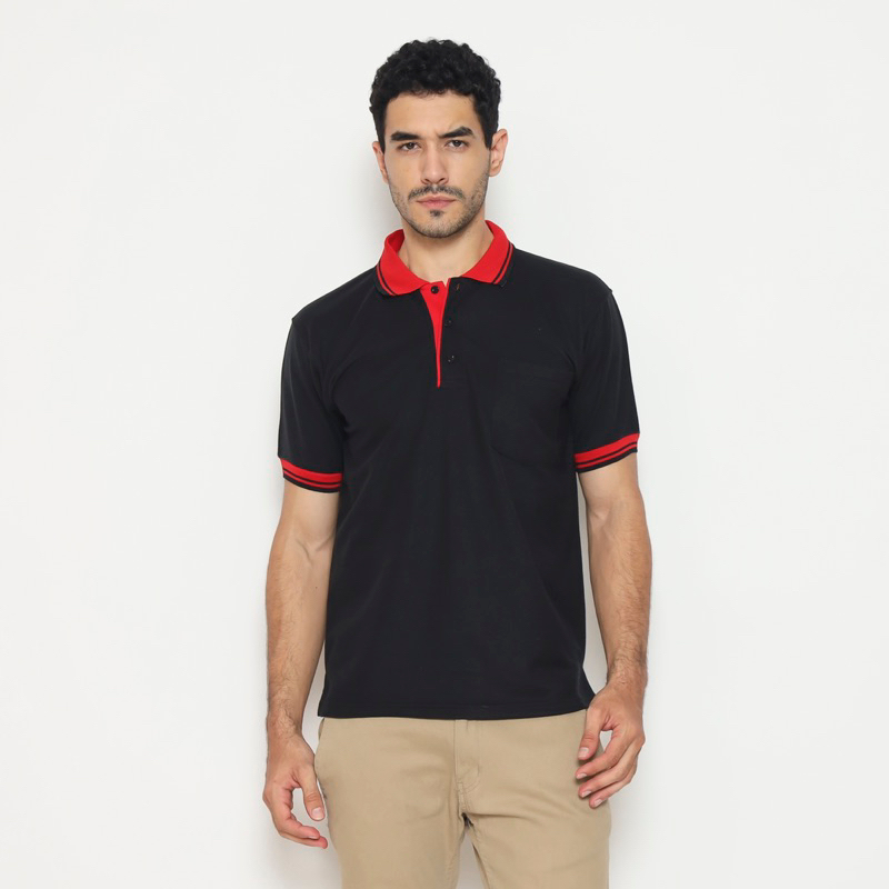 KAOS POLO SHIRT - HITAM - KERAH MERAH - SAKU