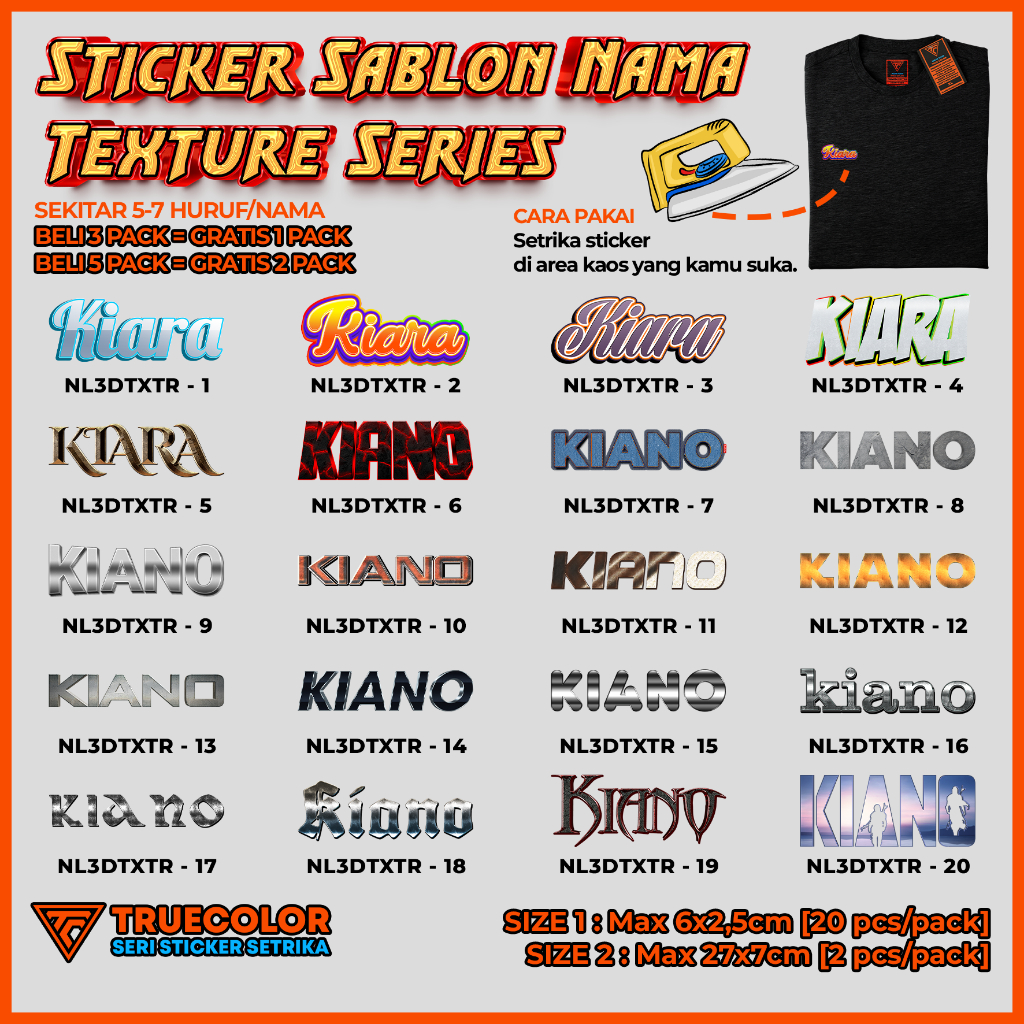 

TRUECOLOR (2 Size) Sticker Label Nama Kaos, Sablon Setrika Custom Nama dan Kata – TEXTURE Series