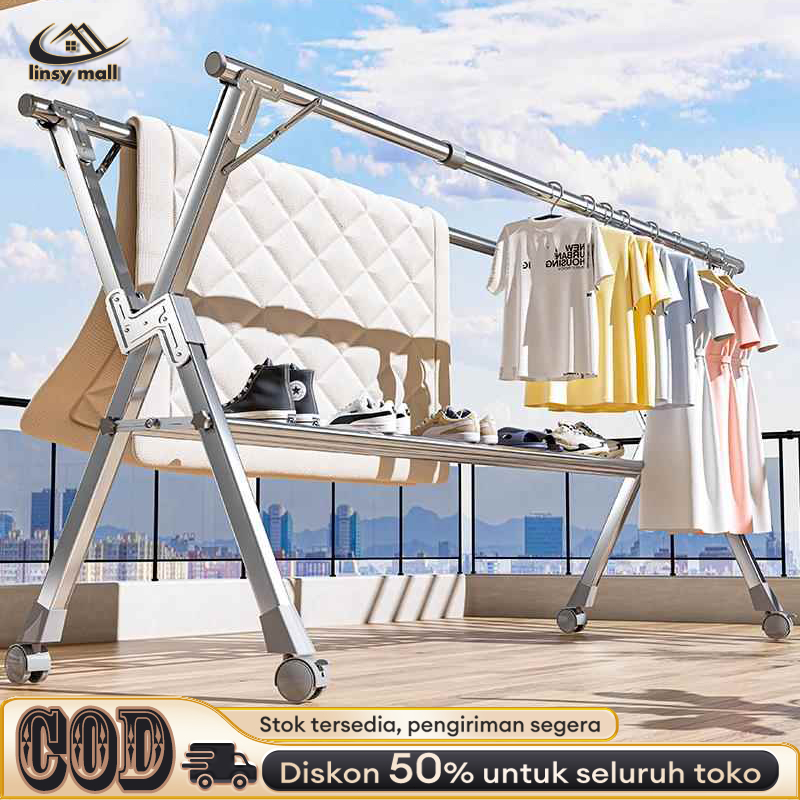 mocafeka - jemuran baju stainless steel lipat 240cm dengan roda rak jemuran pakaian portable