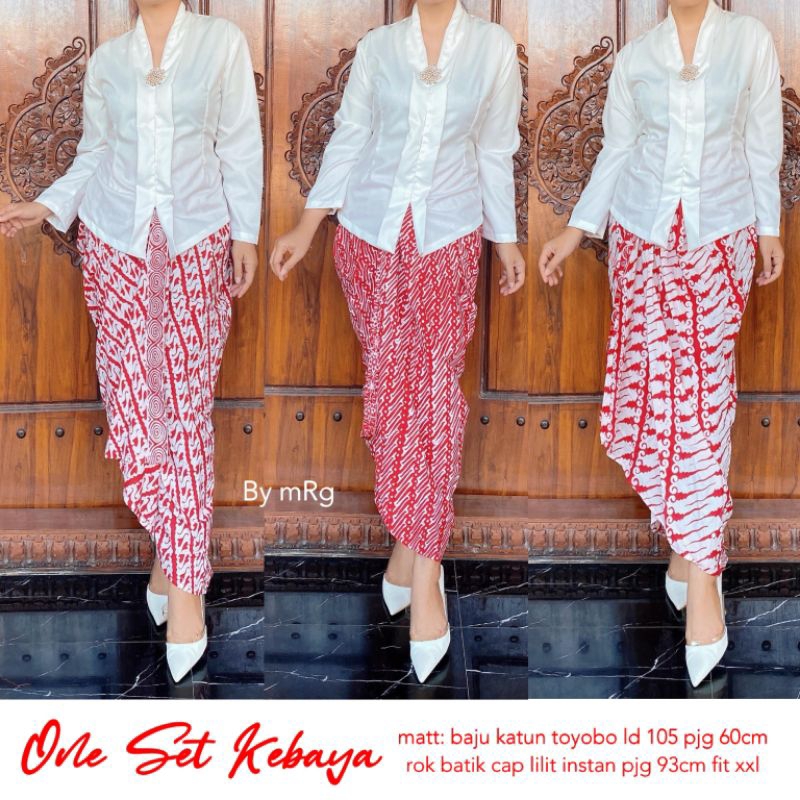 Setelan Kebaya Batik Merah Putih / Rok Instan Atasan Polos Putih