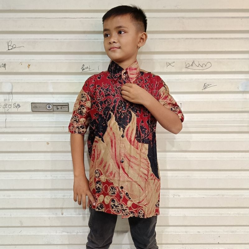 Fatih Batik Medan Batik Anak Laki-Laki Lengan Pendek Merah Maroon Bahan Katun CP3697