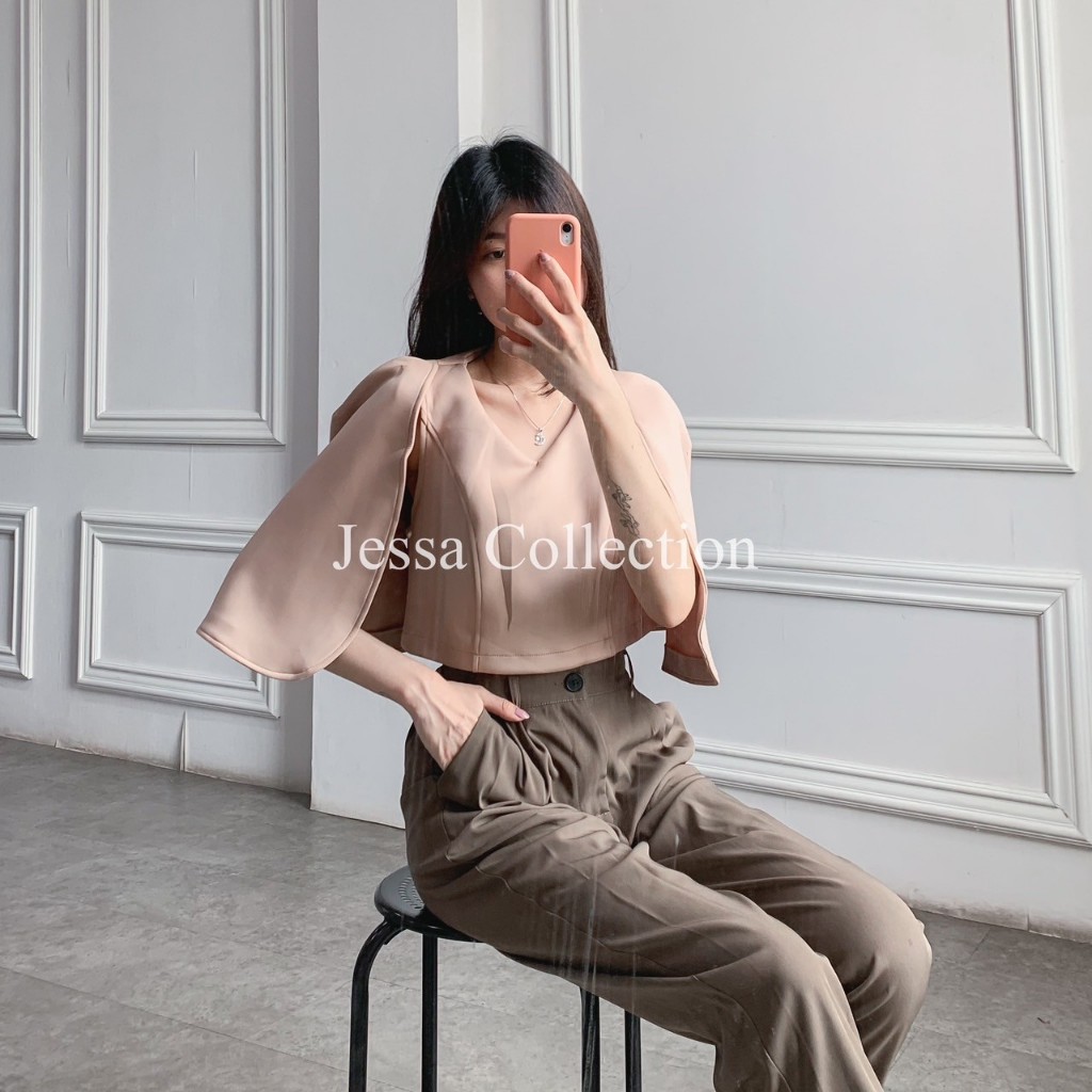 Atasan V-neck Biyubiyu FG Baju Kantor Wanita Atasan Kerah V Bahan Scuba Baju Natal Casual Simple