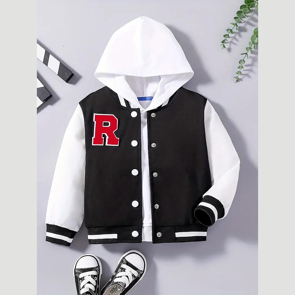 Jaket varsity baseball Anak Laki laki Perempuan unisex Hitam Putih Inisial R ( BISA CUSTOM INISIAL/W