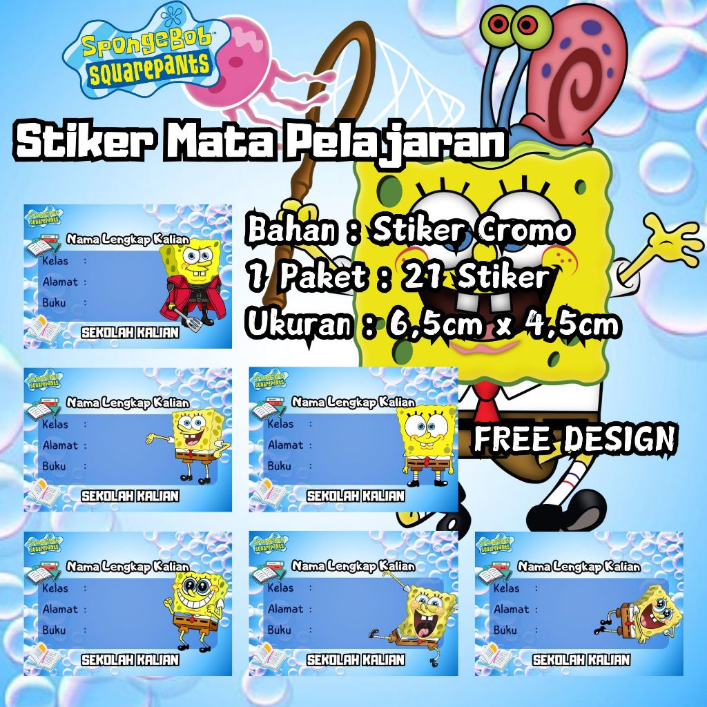 

21 Stiker Mapel - Label Buku Pelajaran - Stiker Mata Pelajaran "Motif SPONGEBOB