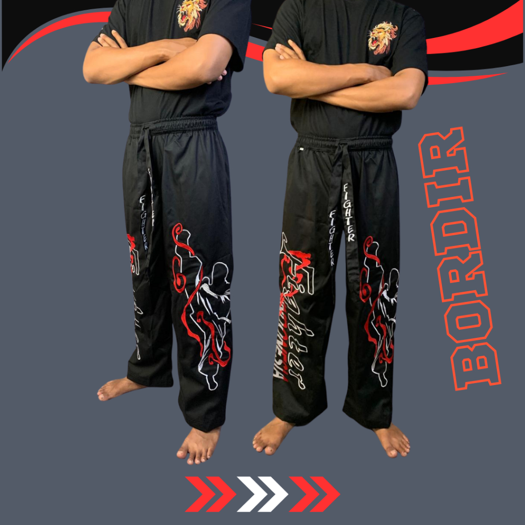 Celana Pakaian Silat Bordir Komprang Panjang Hitam Pangsi Kombor Motif Untuk Latihan Pria Anak Laki 