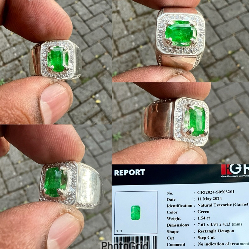 cincin batu tsavorite Garnet natural tsavorite Garnet Ring perak Memo GRI batu Green Garnet Tsavorit