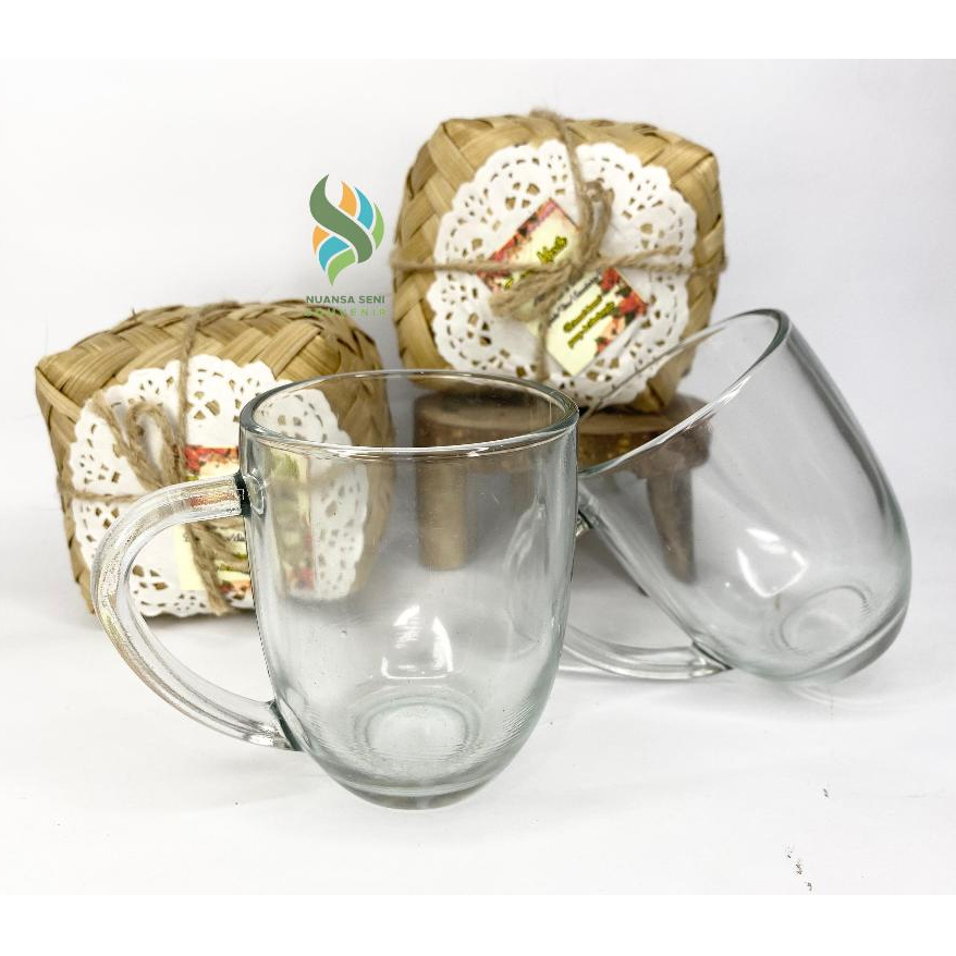 Souvenir Pernikahan Gelas Minum Tumbler Gagang Mug Oval Kecil Cangkir Kaca Bening Polos