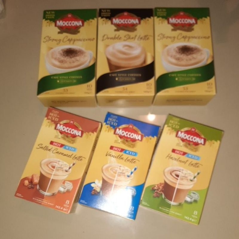 

Moccona Cafe Styles Coffees Sachets Strong Cappucino Double Shot Latte Hot Iced Hazelnut Latte Salted Caramel Latte Vanilla Latte Kopi Sachet Australia