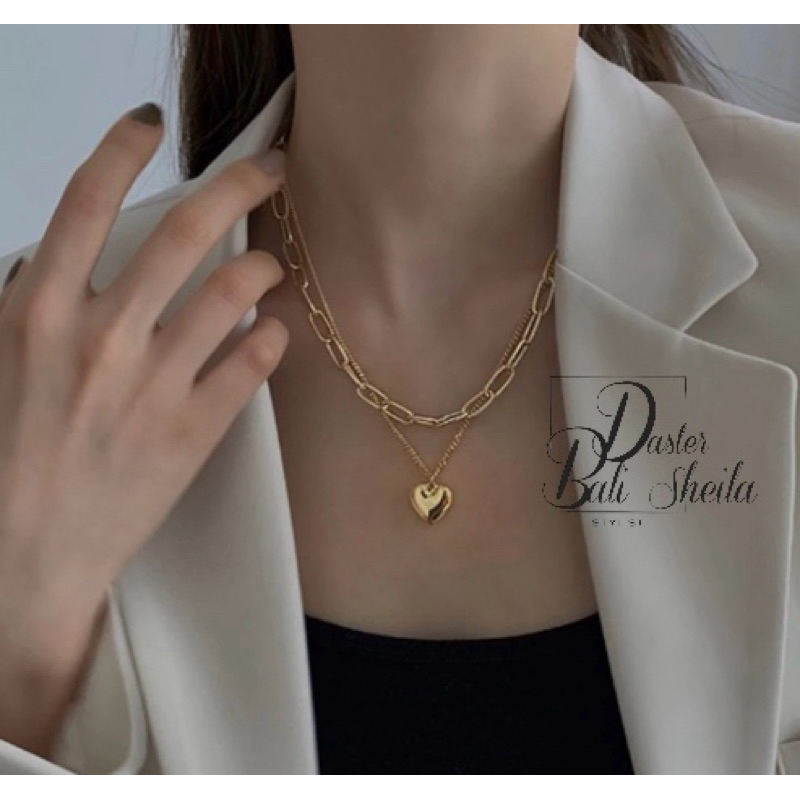 KALUNG RANTAI KOREA WANITA MOTIF LOVE CHOKER TITANIUM ANTI KARAT