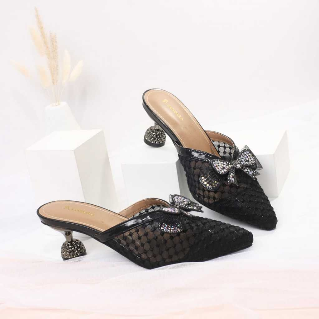 SANDARA Sandal Slop Wanita Pesta Brukat Payet Pita Heels 5 Cm Import (36-41)