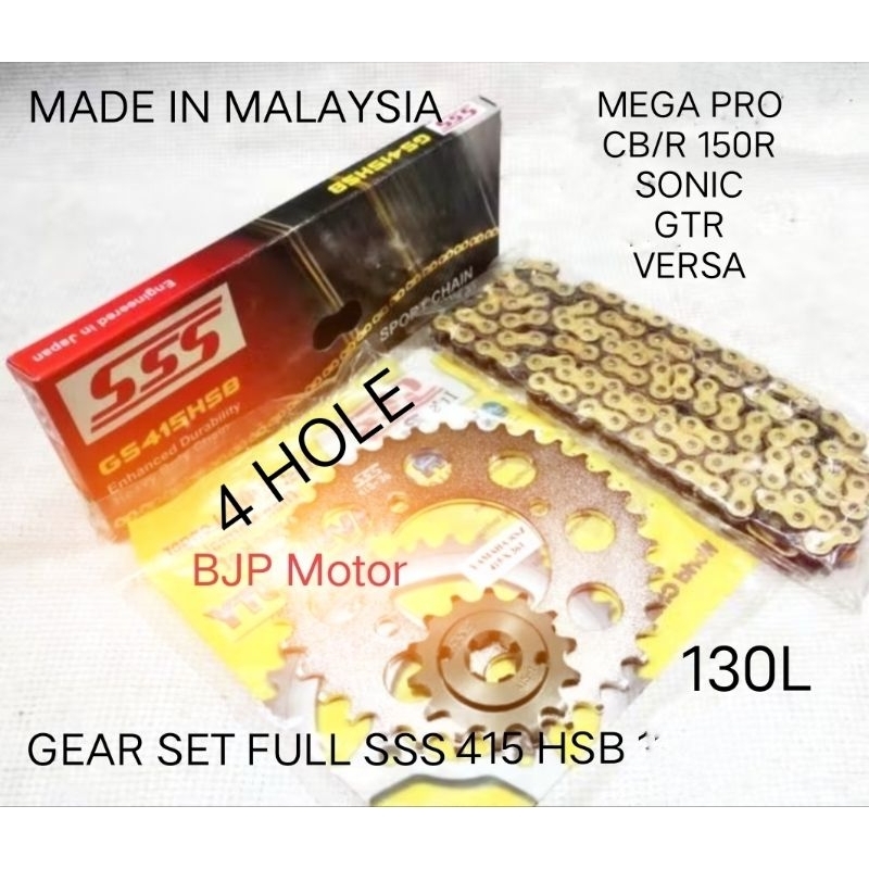 Gear Set SSS 415  Mega Pro Sonic CB150R Lubang 4 Rantai SSS 415 HSB Gold - Pilihan Ukuran Gir, Pnp
