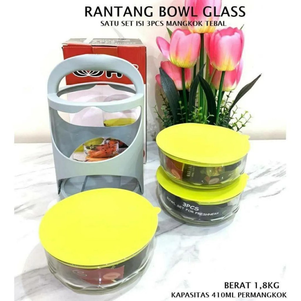 HC Rantang Piknik Kaca 3 Susun Bowl Set Lanch Box