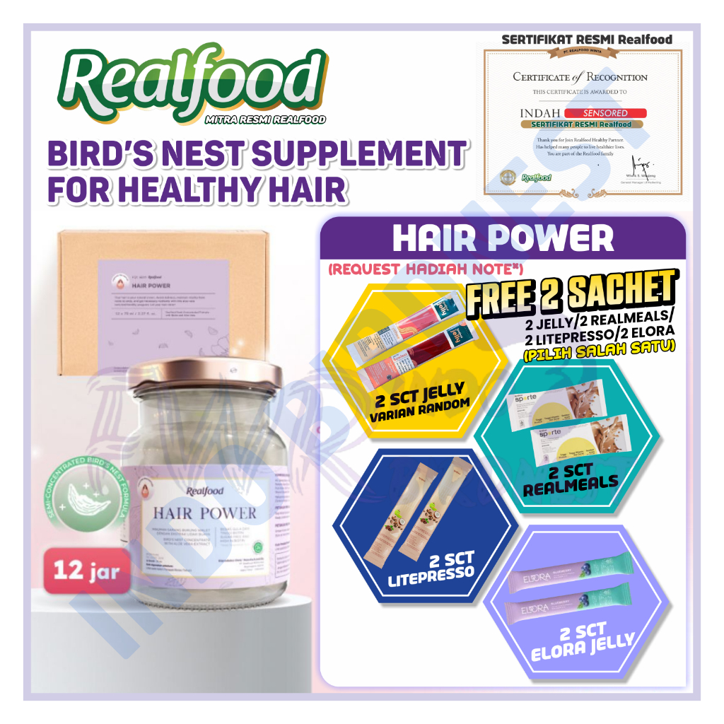 

Realfood Hair Power 12 Jar Bird Nest | Sarang Burung Walet | Aloe Vera | Biotin Indo Birdnest