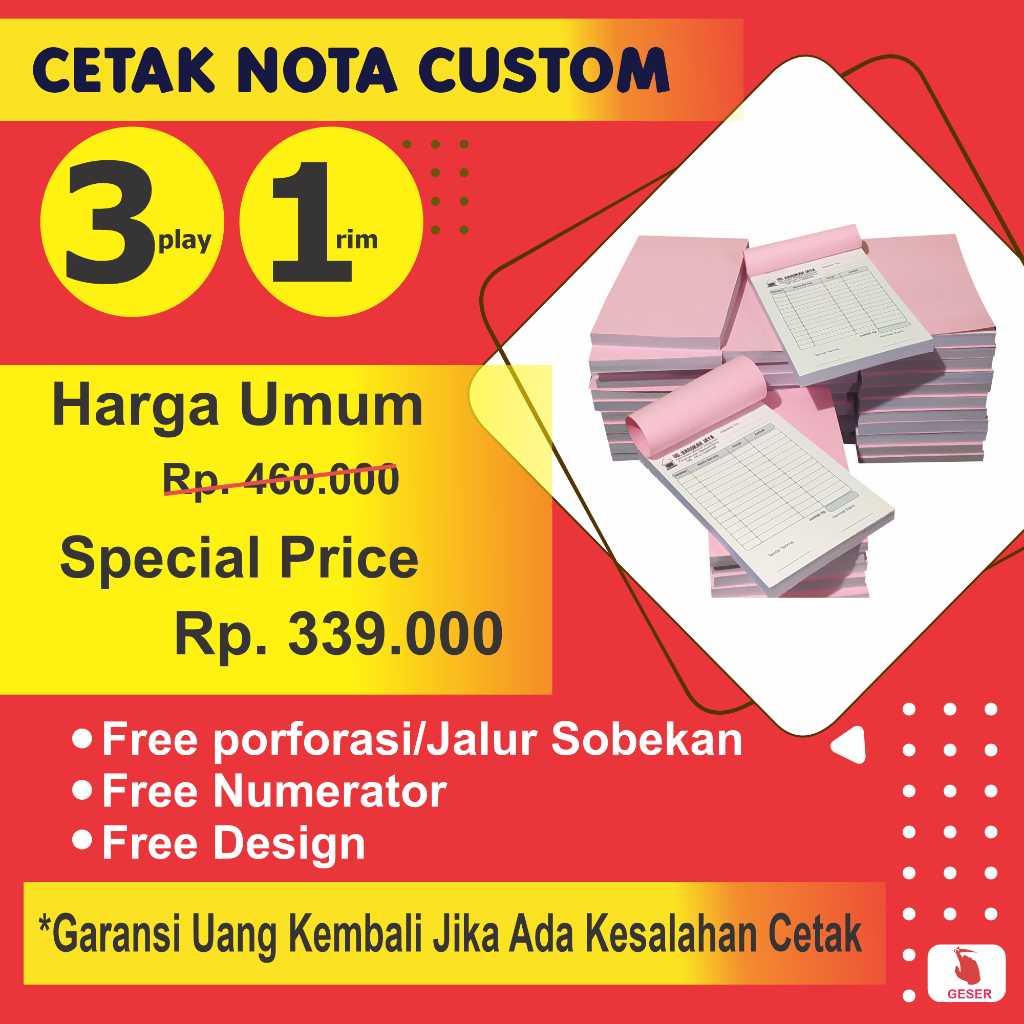 

Cetak nota -- 1 rim 3 ply - rangkap -- percetakan custom ncr invoice bon surat jalan kwitansi olshop