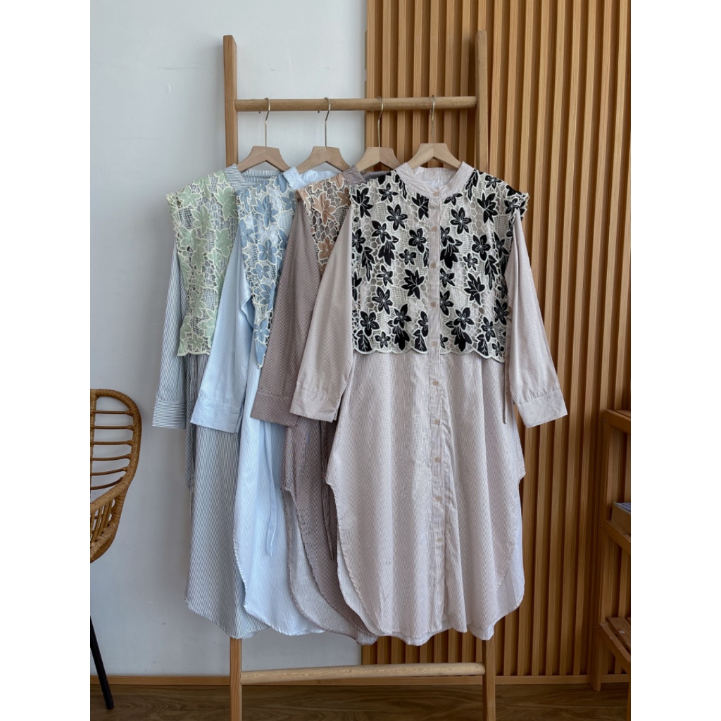 NOLIA LONG TUNIC / kemeja tunik motif salur mix bordir wanita