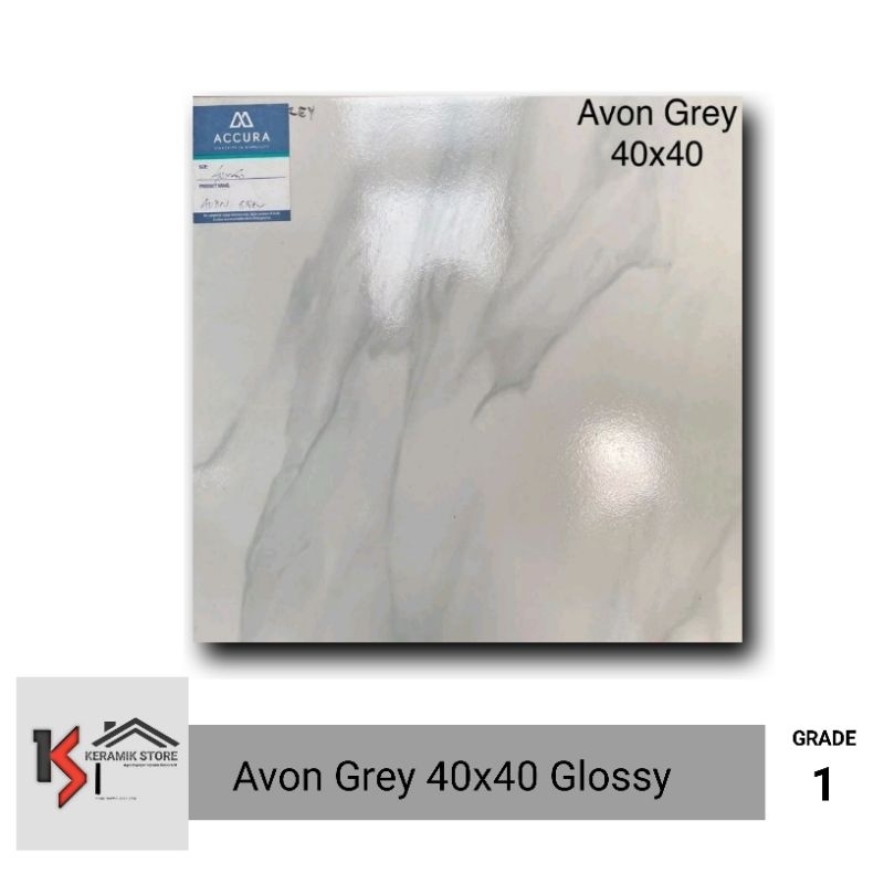 Keramik 40x40 Mulia (Glossy) Putih Corak Avon Grey