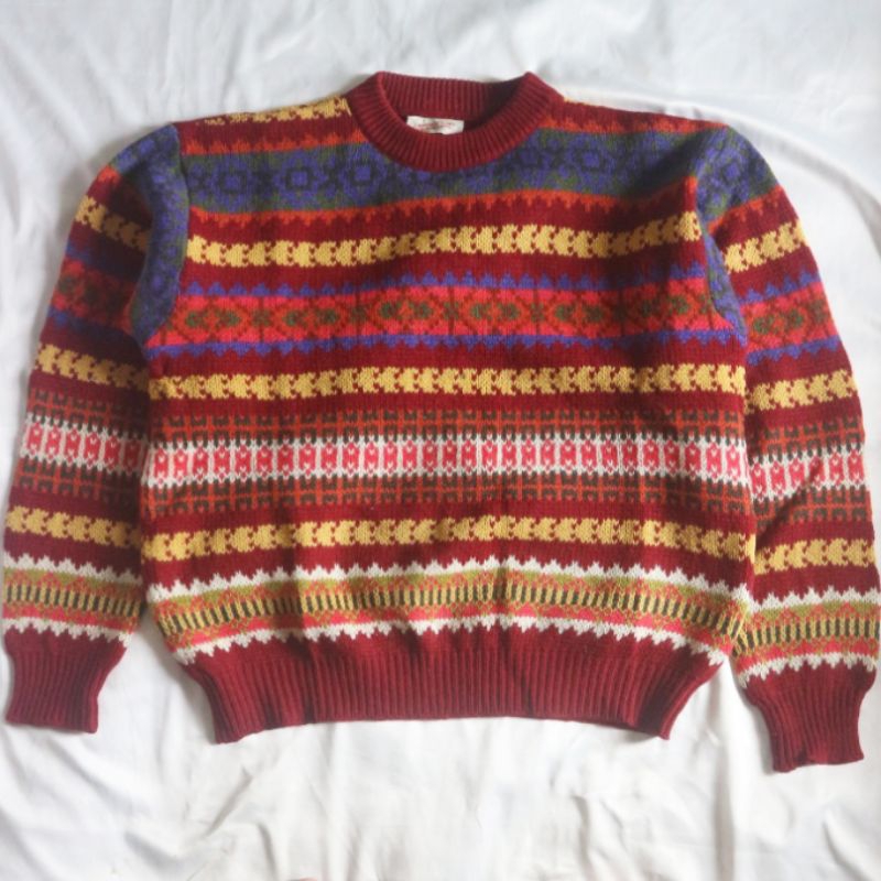UNITED COLORS OF BENETTON Vintage Knitwear Motif Navajo Woman Croptop Colour Pattern Wool Sweater Ra