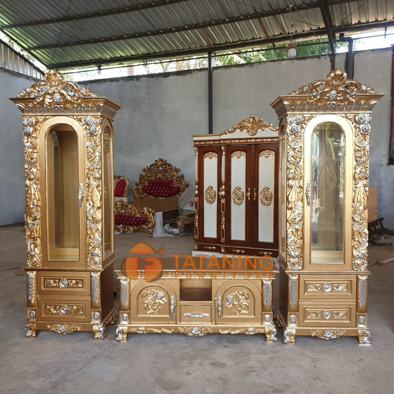 TV CABINET TULIP KAYU JATI FINISHING MEWAH ALMARI KACA BUFFET KACA UKIR LEMARI DEKORASI RUANG INTERI
