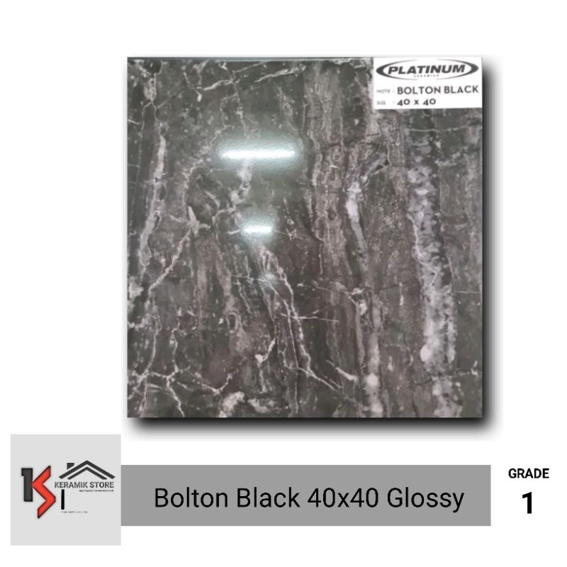 Keramik Lantai 40x40 HITAM Marmer Bolton Black - Glossy