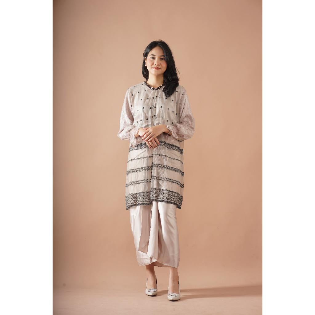 Setelan 3 in 1 Outer Tille Plisket Payet Brukat Chantilly Rok (Ghania) Pola lilit Silk Wanita Muslim