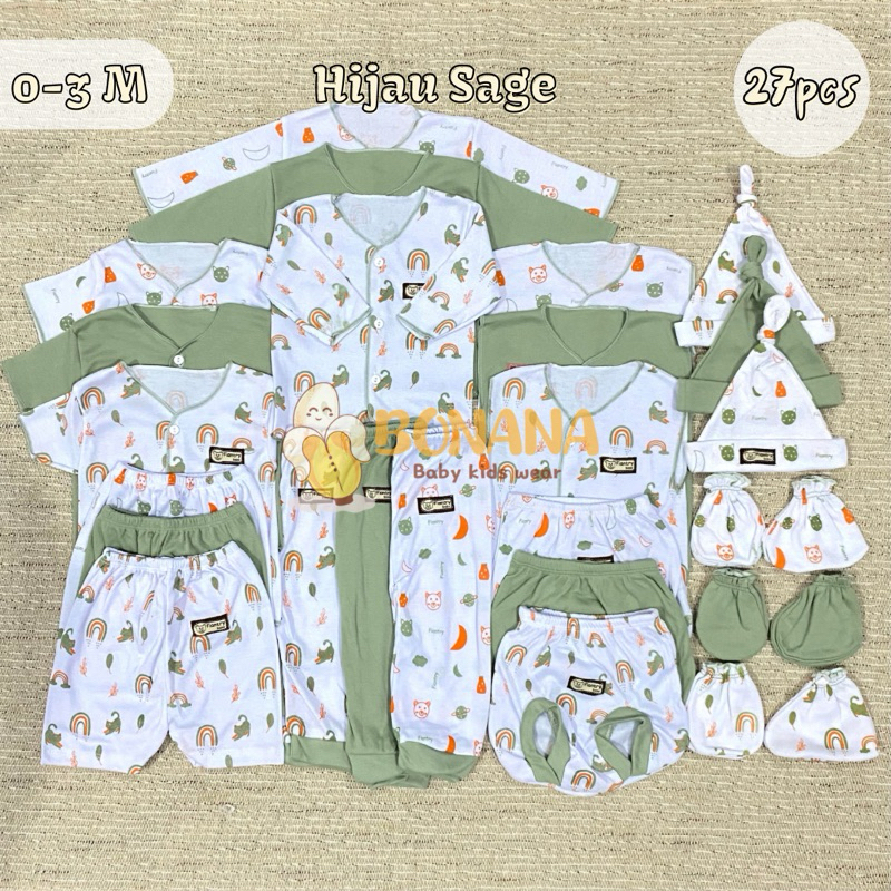 (BONANABABY) 27 pcs / 9 Stel + 3 Set Sartaki SNI Hijau Sage Setelan Baju Bayi Newborn Baju Bayi Baru