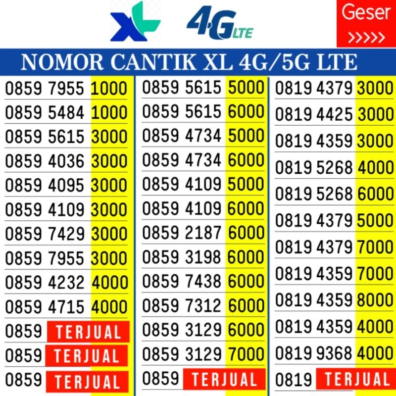 Kartu Perdana Nomor Cantik XL 1000 2000 3000 4000 5000 6000 7000 8000