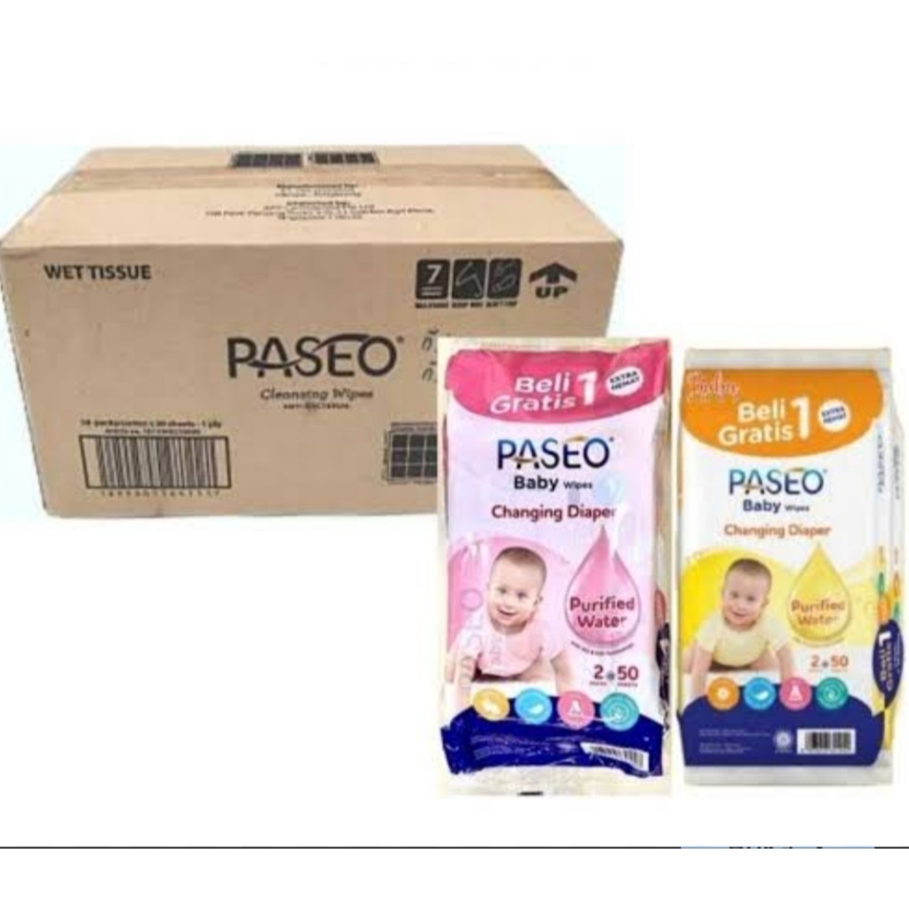 (1 DOS) Paseo Baby wipes / Tissue Basah baby 50 Sheets x 2 Packs 1 Karton Isi 18 Pack