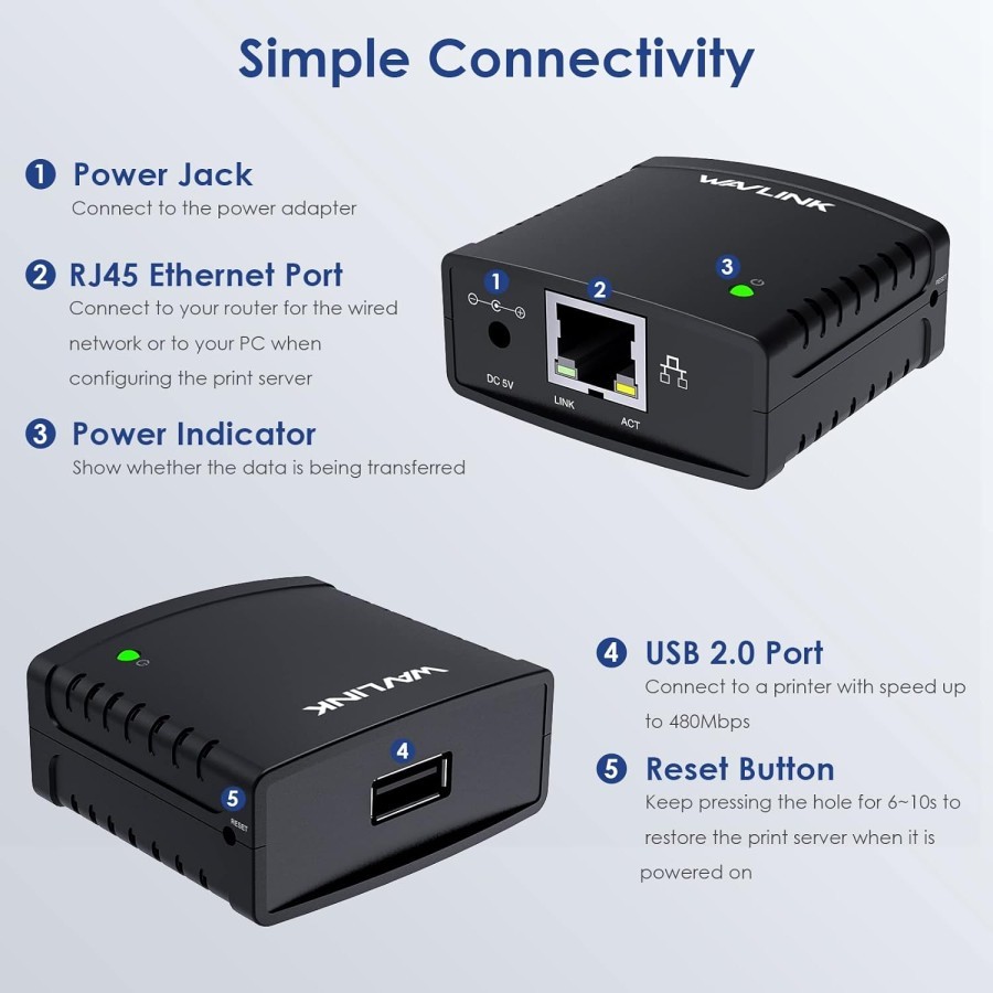 USB 2.0 Network Print Server WAVLINK LAN Print Share Server for USB Printers LPR Print Protocol 10/1