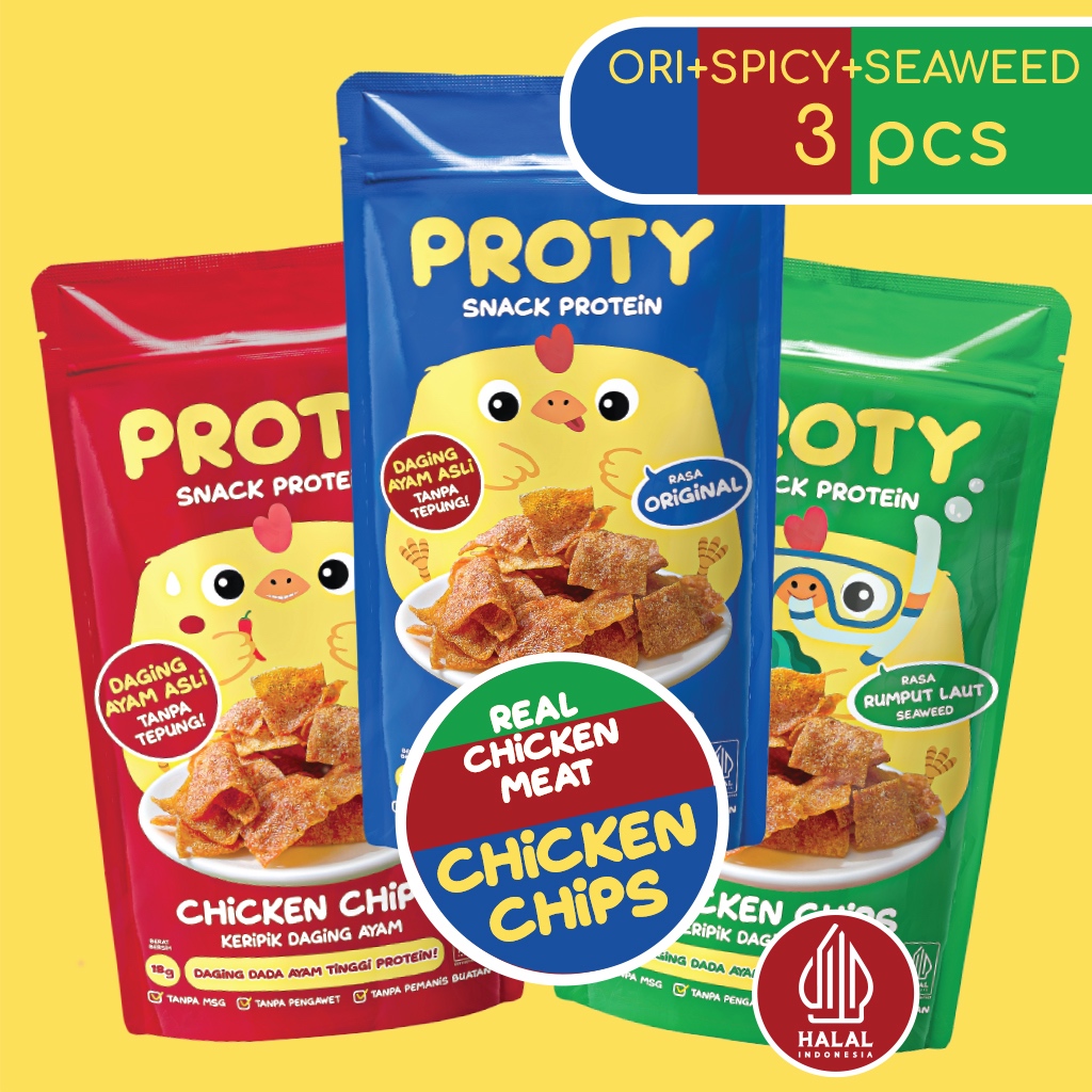 

PROTY Snack Protein Chicken Chips Ori(1 pcs)+Pedas(1 pcs)+RumputLaut(1 pcs) Snack Gluten Free