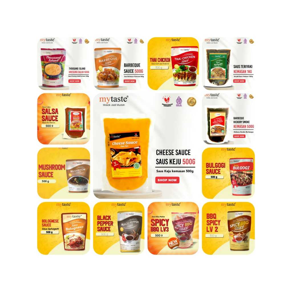 

MyTaste My Taste Saos Saus Mushroom Jamur, Barbequ, Blackpepper, Bolognese, Bulgogi, Teriyaki, Cheese, Thai Chicken, Hickory Smoke, Salsa, Thousand Island Halal BPOM