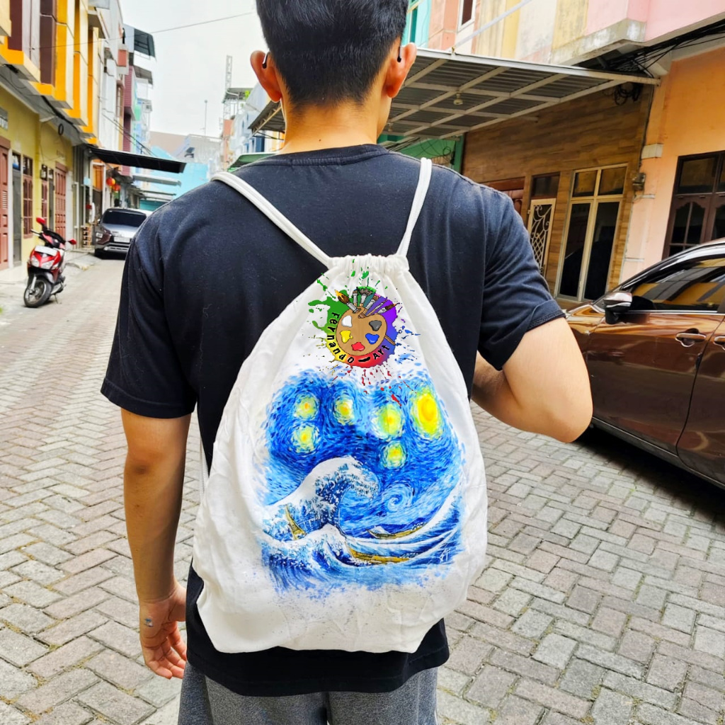 DISKON TAS SERUT KAIN BLACU/KANVAS PUTIH POLOS / TAS PUNGGUNG STRING BAG / TAS FUTSAL