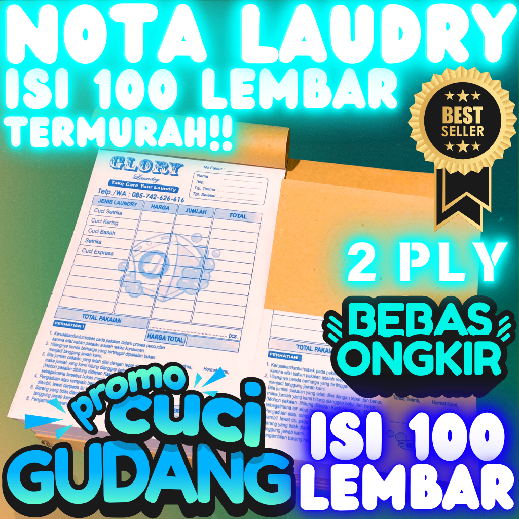 

Cetak Nota Laundry Custom 2 Ply Isi 100 Lembar Per-Buku Gratis Desaign dan Logo Toko