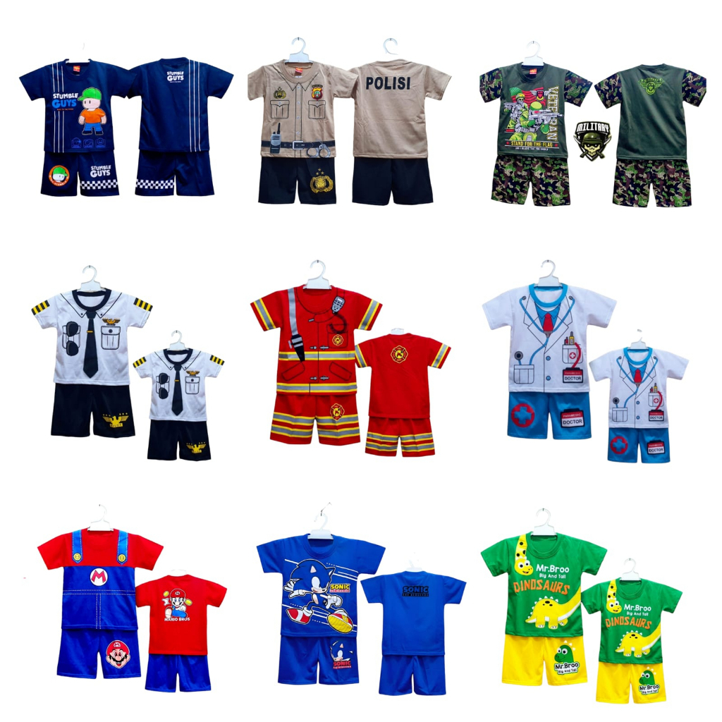 SETELAN BAJU ANAK PROFESI DAMKAR POLISI TENTARA DOKTER SUPIR BAJU SANTAI ANAK DINOSAURUS SONIC MURAH