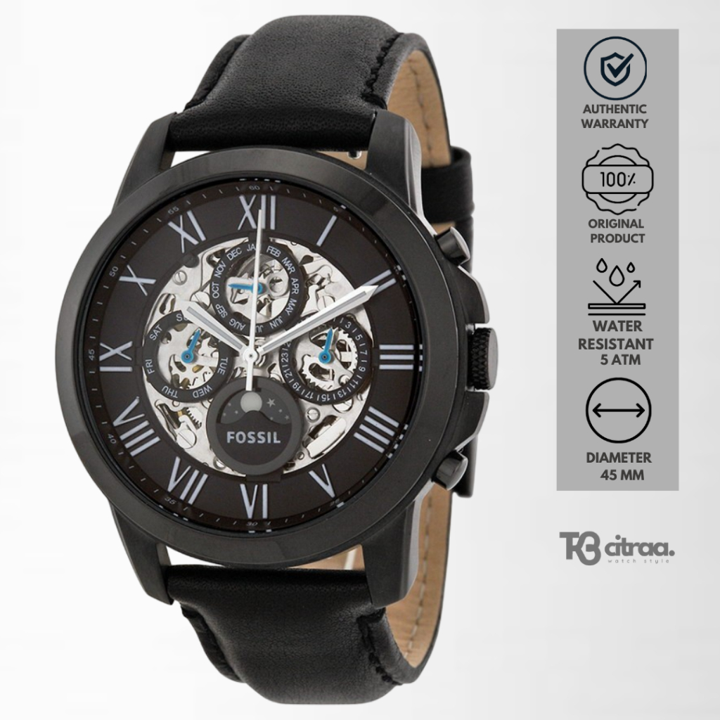 jam tangan fossil automatic pria grant analog strap kulit hitam black cowok leather water resistant 