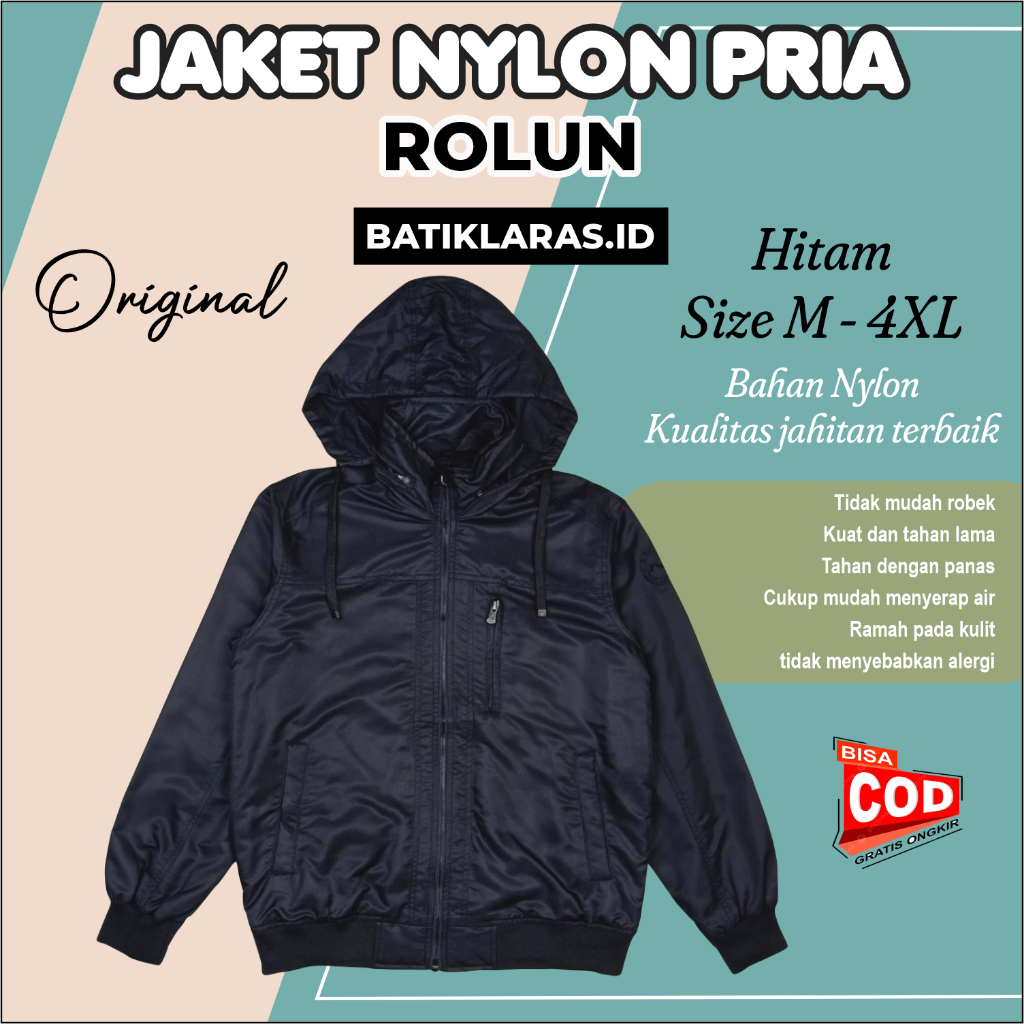 Rolun - Jaket Nylon Parasut Hitam Pria JK0667