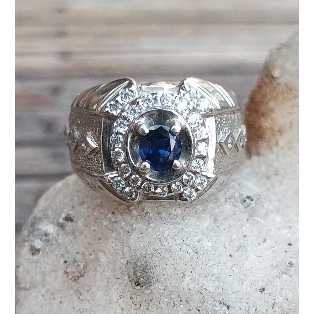 Natural Blue Safir Ceylon Kristal Ring Perak 925 HM Mewah