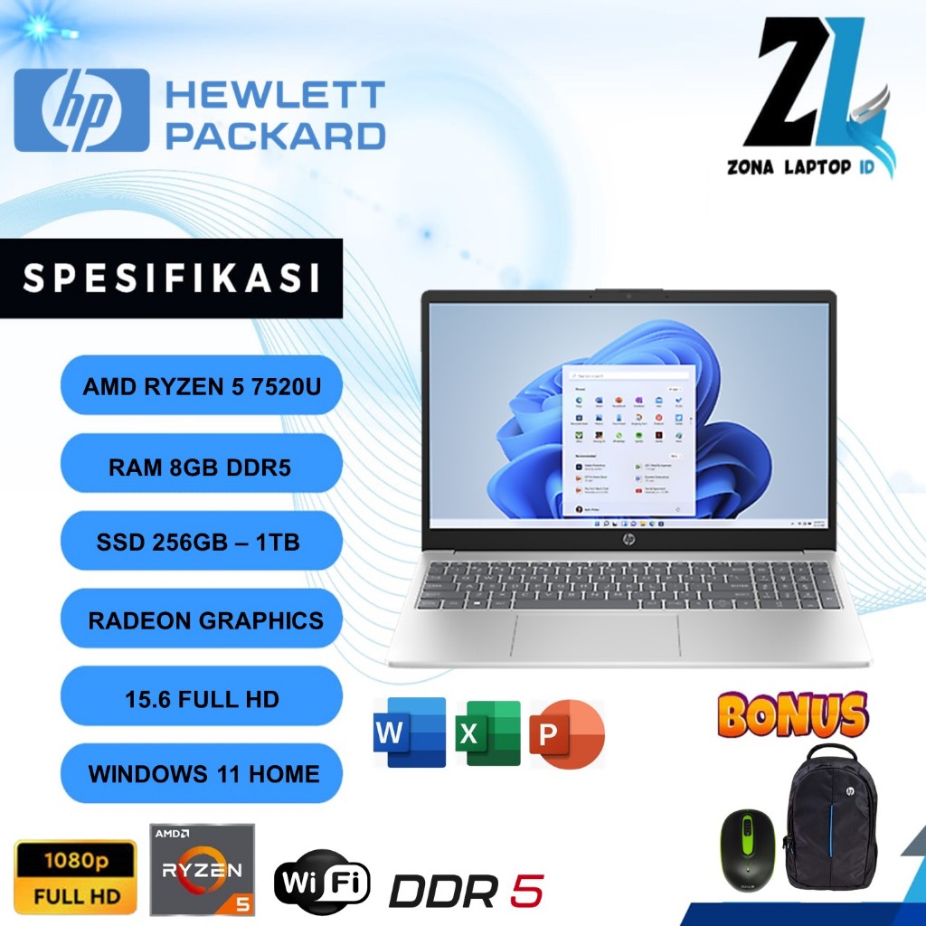 LAPTOP BARU HP 15 RYZEN 5 7520U 8GB 1TB SSD FULL HD WINDOWS 11 ORIGINAL