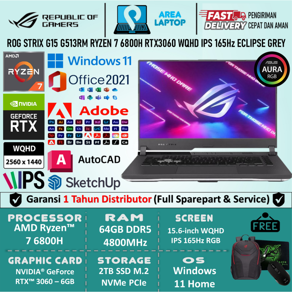 ASUS ROG Strix G15 G513RM AMD Ryzen 7 6800H 64GB DDR5 2TB SSD RTX3060 FHD IPS 165Hz RGB Win11