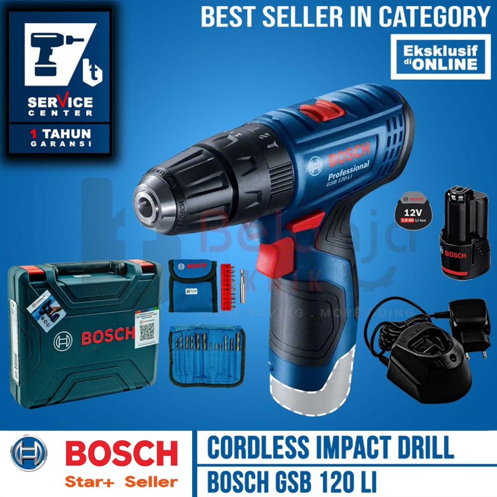 Bosch Bor Baterai Tembok Cordless GSB 120-LI GEN 3 SET 1 Baterai 2 AH FREE Mata Bor Obeng