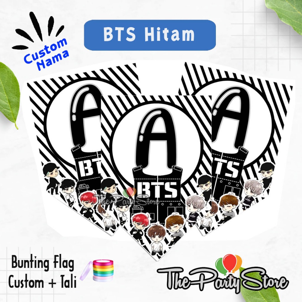 Banner Bunting Flag Happy Birthday Karakter BTS Hitam/Banner Custom Huruf dan Angka