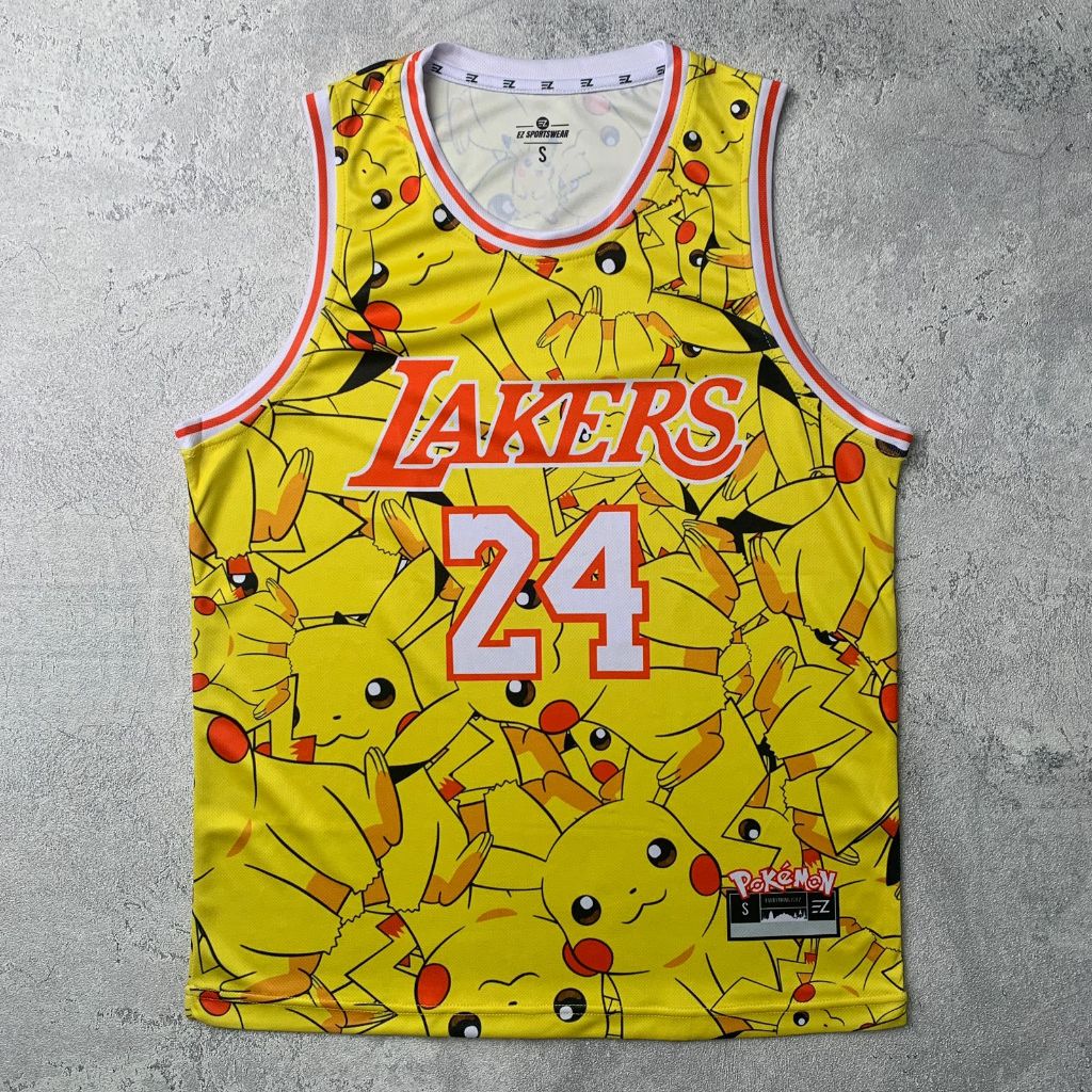 Jersey Kobe Bryant LA Lakers #24 CUSTOM PIKACHU Swingman Bola Basket NBA Baju Kaos T-Shirt Tshirt At