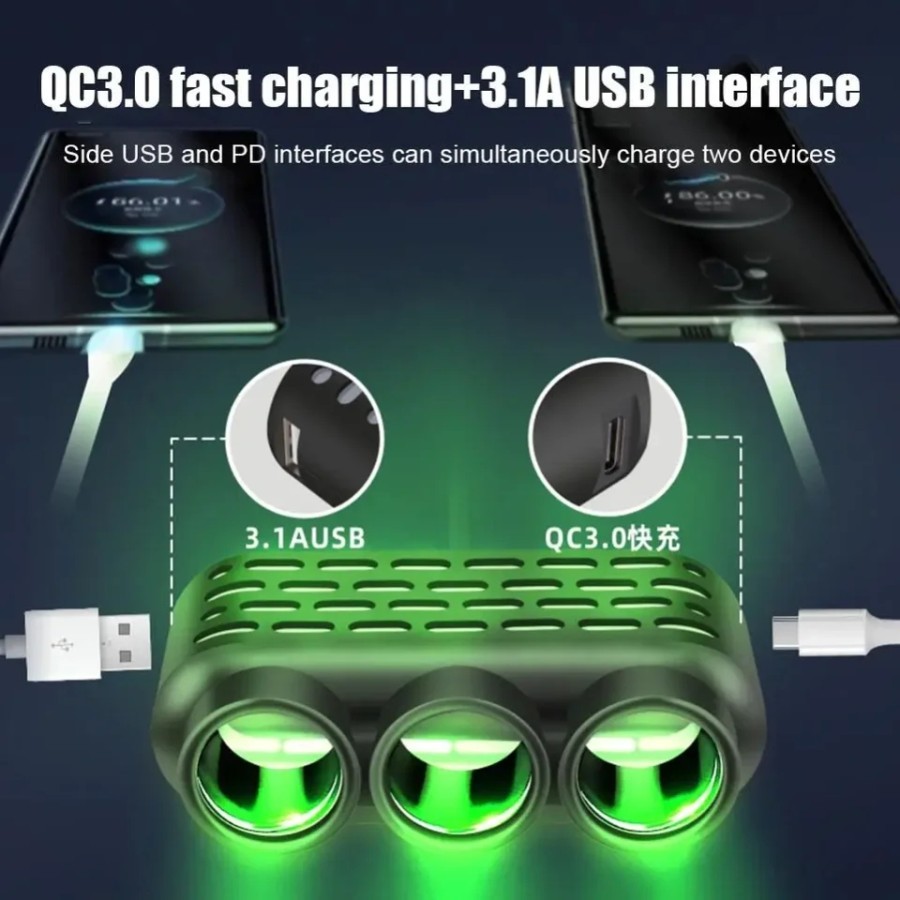 Socket Lighter Mobil 120W 3 Soket Dual USB Extension Adaptor LED D26